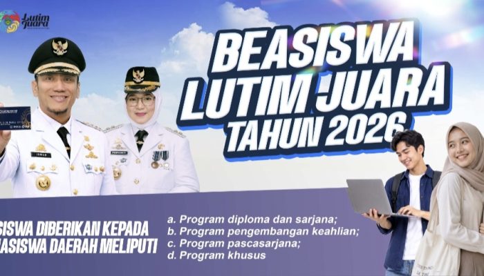 Poster informasi Beasiswa Lutim Juara 2026 yang dibuka untuk mahasiswa asal Luwu Timur