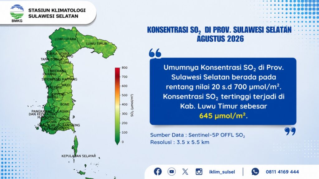 Peta konsentrasi SO2 di Luwu Timur yang dirilis BMKG Stasiun Klimatologi Sulawesi Selatan