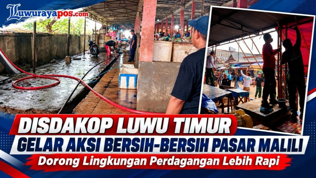 Petugas dan pedagang bergotong royong membersihkan area pasar di Luwu Timur