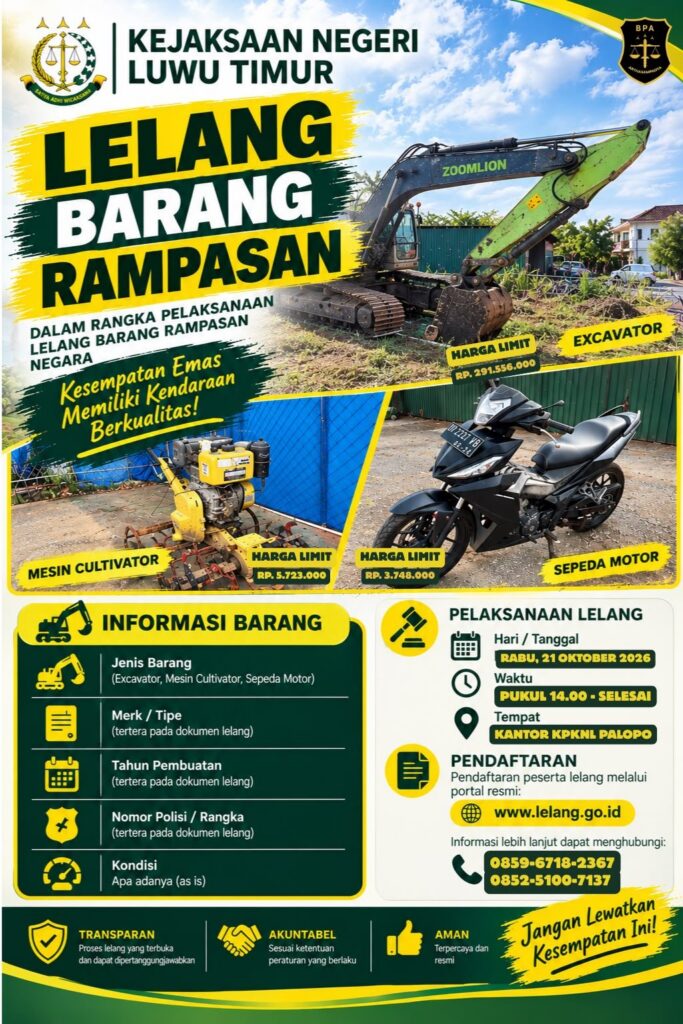 Barang rampasan negara Kejari Luwu Timur yang dilelang, termasuk excavator dan kendaraan