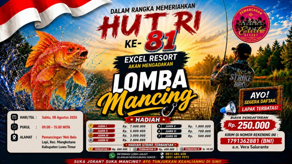 Peserta lomba mancing lopi di kolam pemancingan Desa Lopi, Kecamatan Mangkutana, Luwu Timur