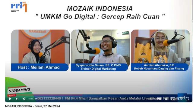 Trainer digital marketing UMKM Makassar Syaparuddin Salam dalam siaran Mozaik Indonesia PRO1 RRI Makassar
