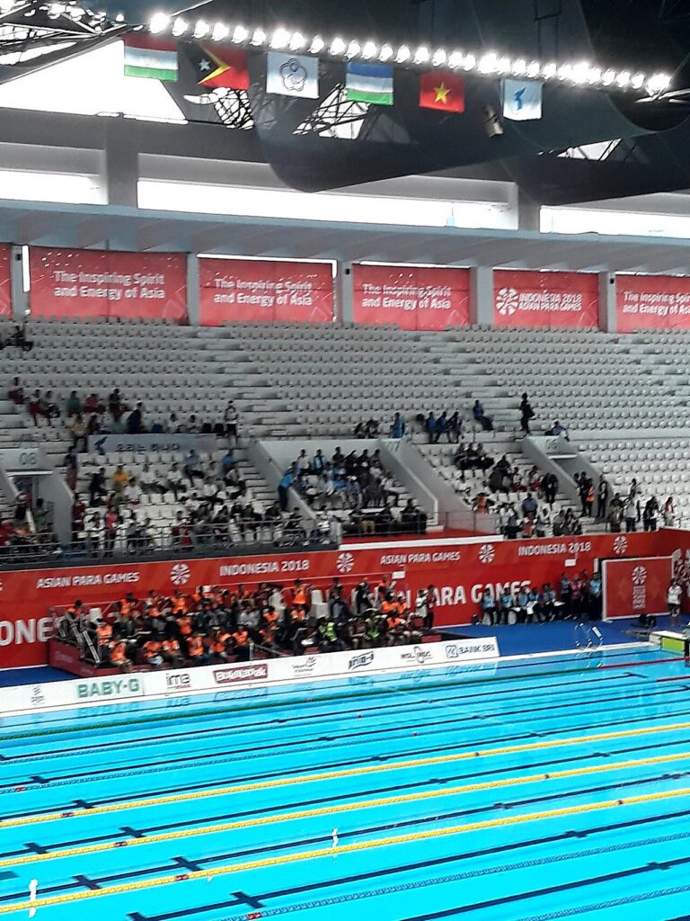 Suasana kolam Gelora Bung Karno Aquatic Stadium saat Asian Para Games 2018 di Jakarta