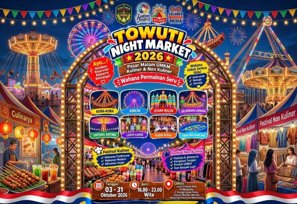 Wisata Luwu Timur Towuti Night Market 2026 menghadirkan pasar malam rakyat dan wahana permainan di Kecamatan Towuti